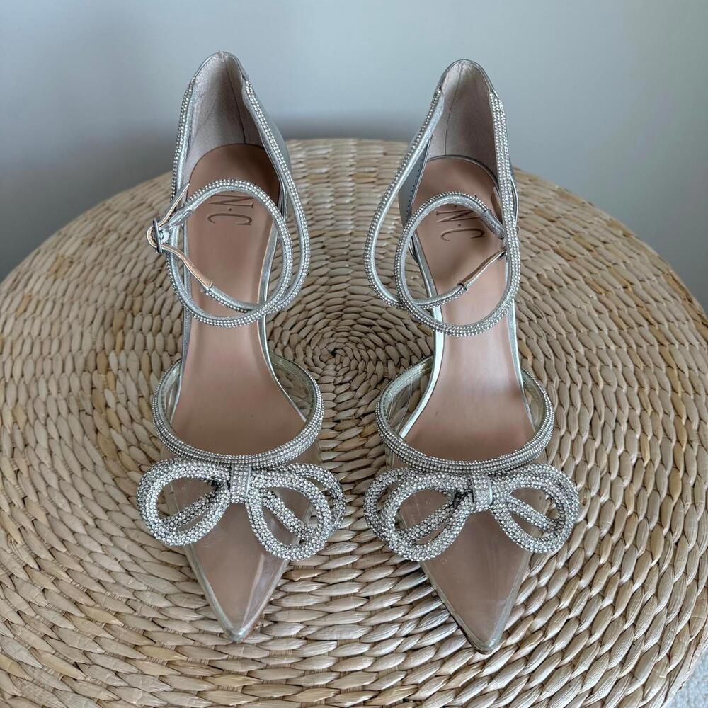 INC International Concepts Rhinestone Bow Silver Strappy Stiletto Sandals